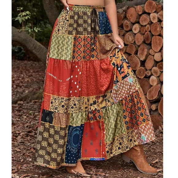 Plus floral print Patchwork Stretchy Waist Maxi Skirt - Picture 4 of 4